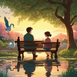 Studio Ghibli style animation of a small girl and her father sitting on an ornate park bench in a botanical garden clearing overlooking a large pond filled with ducks, ducklings, swans at sunset