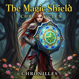 A powerful female warrior standing confidently in an enchanting forest, holding a luminous, magical shield that radiates vibrant colors and symbols
