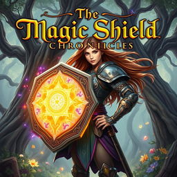 A powerful female warrior standing confidently in an enchanting forest, holding a luminous, magical shield that radiates vibrant colors and symbols