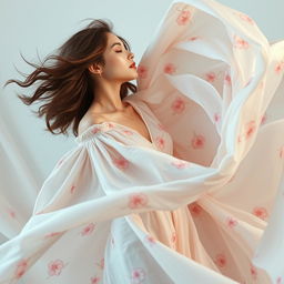 A stunning and artistic portrayal that emphasizes elegance in motion, featuring delicate floral patterns and soft, flowing fabrics