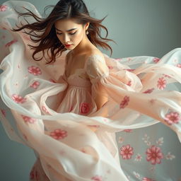 A stunning and artistic portrayal that emphasizes elegance in motion, featuring delicate floral patterns and soft, flowing fabrics