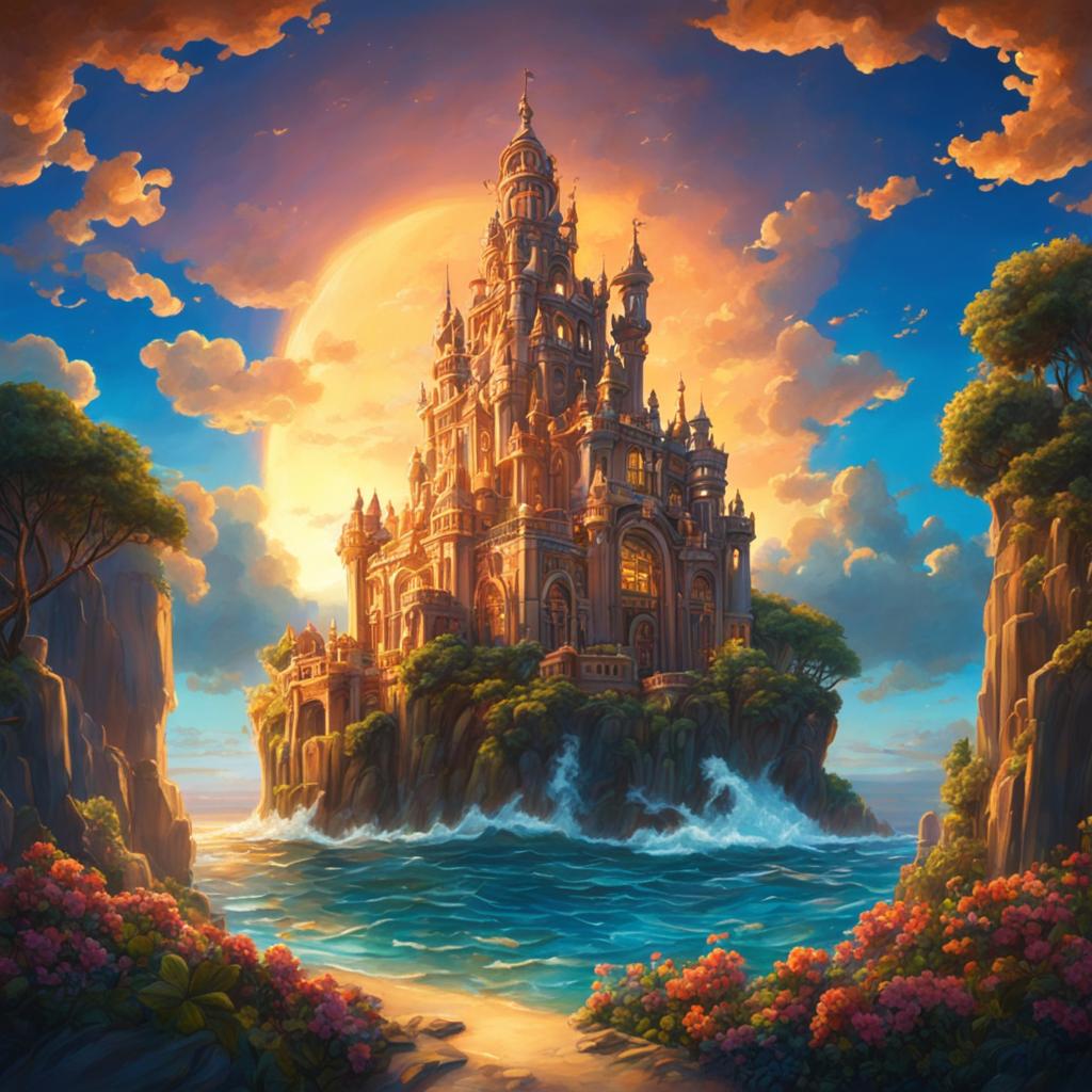 A Rococo-inspired Atlantis castle with ornate carvings and bronze details rises from a shimmering sea at sunset