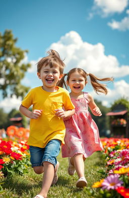 A charming scene featuring two twins, a boy and a girl, joyfully playing in a sunny park filled with vibrant flowers