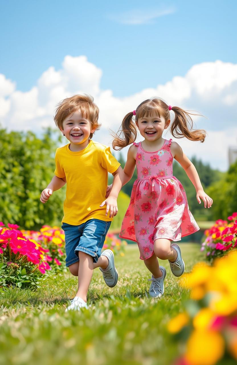 A charming scene featuring two twins, a boy and a girl, joyfully playing in a sunny park filled with vibrant flowers