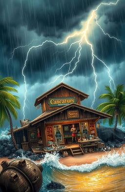 A vibrant scene depicting an adventurous shop on Canva Island during a dramatic storm