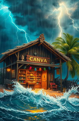 A vibrant scene depicting an adventurous shop on Canva Island during a dramatic storm