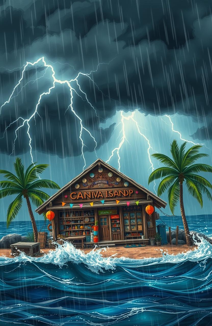 A vibrant scene depicting an adventurous shop on Canva Island during a dramatic storm