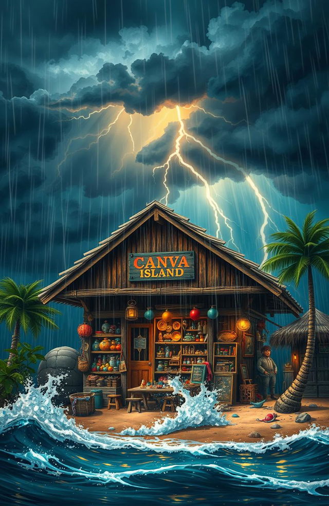 A vibrant scene depicting an adventurous shop on Canva Island during a dramatic storm