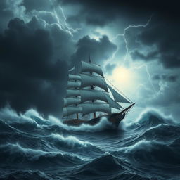 A majestic, large ship navigating through a violent storm at sea