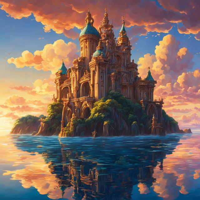 A Rococo-inspired Atlantis castle with ornate carvings and bronze details rises from a shimmering sea at sunset