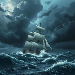 A majestic, large ship navigating through a violent storm at sea