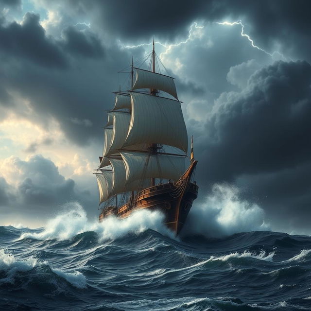 A majestic, large ship navigating through a violent storm at sea