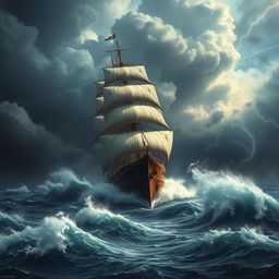A majestic, large ship navigating through a violent storm at sea