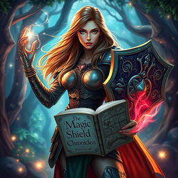 A fierce woman warrior stands confidently, gripping a magic shield in her left hand while holding an open book titled 'The Magic Shield Chronicles' in her right hand