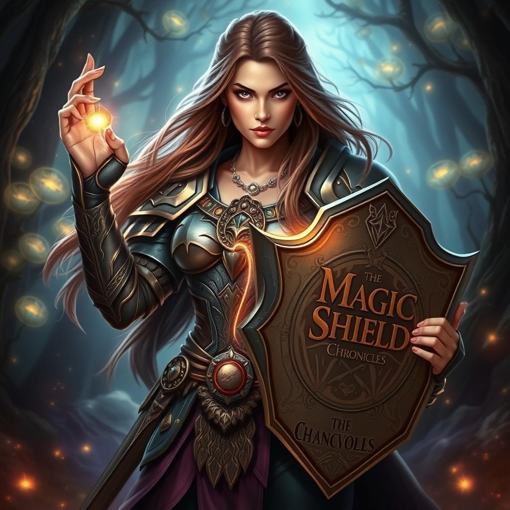 A fierce woman warrior stands confidently, gripping a magic shield in her left hand while holding an open book titled 'The Magic Shield Chronicles' in her right hand