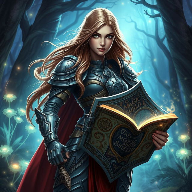 A fierce woman warrior stands confidently, gripping a magic shield in her left hand while holding an open book titled 'The Magic Shield Chronicles' in her right hand