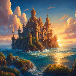 A Rococo-inspired Atlantis castle with ornate carvings and bronze details rises from a shimmering sea at sunset