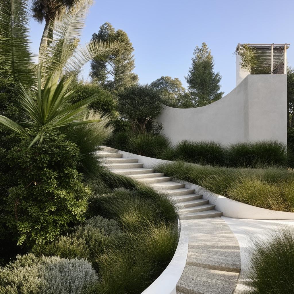 An exterior view of a beautiful house featuring an outdoor staircase. The architecture and design details are impeccable, complemented by lush landscaping.