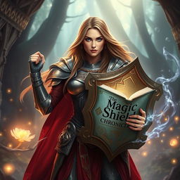 A fierce woman warrior stands confidently, gripping a magic shield in her left hand while holding an open book titled 'The Magic Shield Chronicles' in her right hand