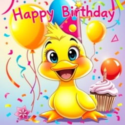 A cheerful birthday poster featuring a joyful cartoon duck, brightly colored in shades of yellow with big, expressive eyes and a playful smile