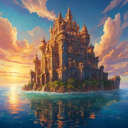 A Rococo-inspired Atlantis castle with ornate carvings and bronze details rises from a shimmering sea at sunset