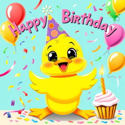 A cheerful birthday poster featuring a joyful cartoon duck, brightly colored in shades of yellow with big, expressive eyes and a playful smile