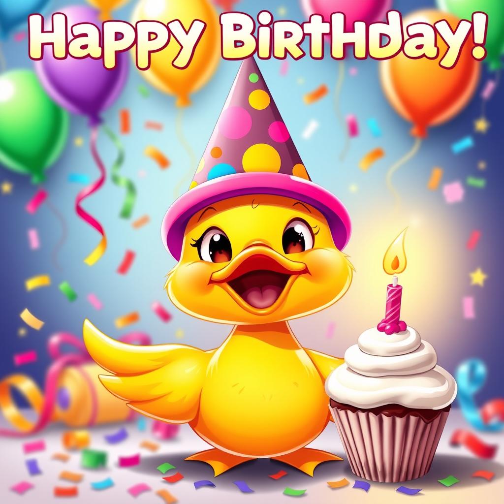 A cheerful birthday poster featuring a joyful cartoon duck, brightly colored in shades of yellow with big, expressive eyes and a playful smile