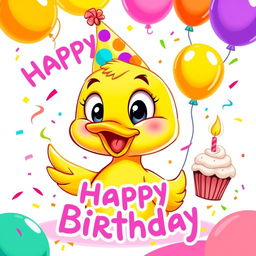 A cheerful birthday poster featuring a joyful cartoon duck, brightly colored in shades of yellow with big, expressive eyes and a playful smile