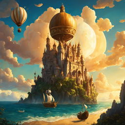 A Rococo-inspired Atlantis castle with ornate carvings and bronze details rises from the sea under a sunset sky