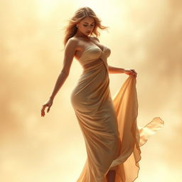 A stunning artistic depiction of a voluptuous female figure, elegantly posed in a flowing dress, showcasing the beauty of femininity and grace in motion