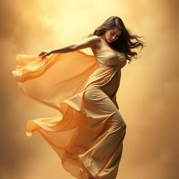 A stunning artistic depiction of a voluptuous female figure, elegantly posed in a flowing dress, showcasing the beauty of femininity and grace in motion