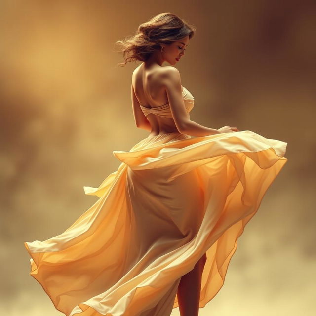 A stunning artistic depiction of a voluptuous female figure, elegantly posed in a flowing dress, showcasing the beauty of femininity and grace in motion