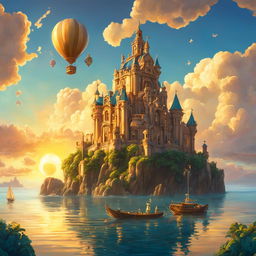 A Rococo-inspired Atlantis castle with ornate carvings and bronze details rises from the sea under a sunset sky