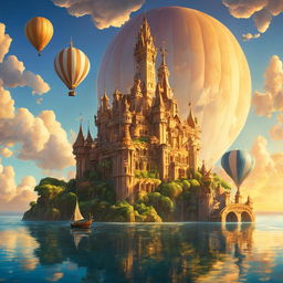 A Rococo-inspired Atlantis castle with ornate carvings and bronze details rises from the sea under a sunset sky