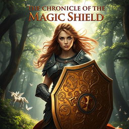 A fierce warrior woman, clad in ornate armor adorned with mystical symbols, stands confidently in a lush enchanted forest