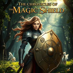 A fierce warrior woman, clad in ornate armor adorned with mystical symbols, stands confidently in a lush enchanted forest