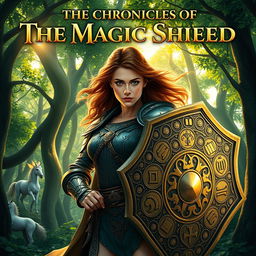 A fierce warrior woman, clad in ornate armor adorned with mystical symbols, stands confidently in a lush enchanted forest