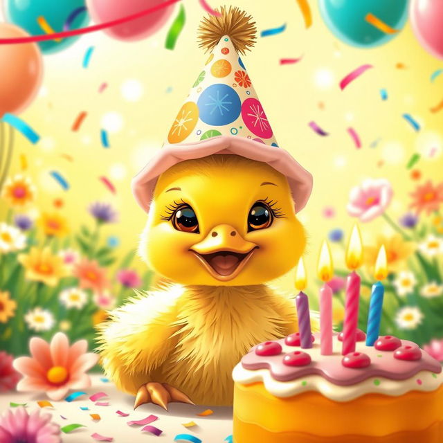 A delightful scene featuring a cute yellow duckling celebrating its birthday