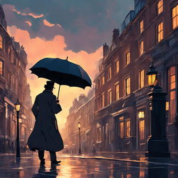 Studio Ghibli-style animation of Sherlock Holmes on rainy London streets under a moody sunset sky, illuminated by warm gas lamp light