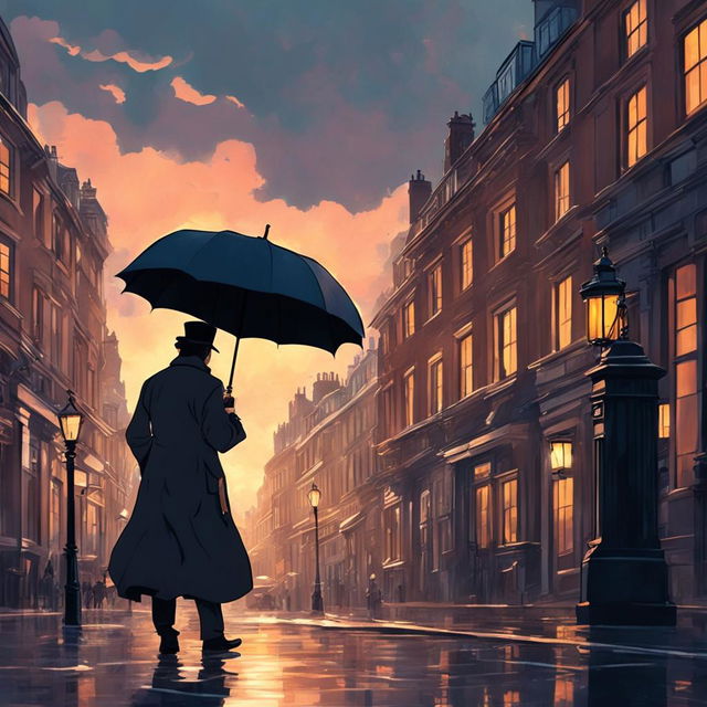 Studio Ghibli-style animation of Sherlock Holmes on rainy London streets under a moody sunset sky, illuminated by warm gas lamp light