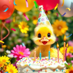 A delightful scene featuring a cute yellow duckling celebrating its birthday