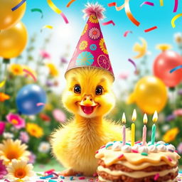 A delightful scene featuring a cute yellow duckling celebrating its birthday