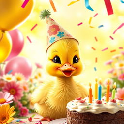 A delightful scene featuring a cute yellow duckling celebrating its birthday