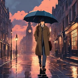 Studio Ghibli-style animation of Sherlock Holmes on rainy London streets under a moody sunset sky, illuminated by warm gas lamp light