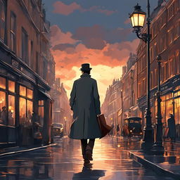 Studio Ghibli-style animation of Sherlock Holmes on rainy London streets under a moody sunset sky, illuminated by warm gas lamp light