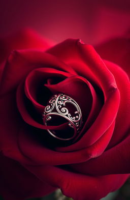 A beautifully detailed, vivid red rose with velvety petals, topped with an elegant silver ring that features intricate design work