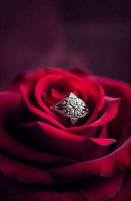 A beautifully detailed, vivid red rose with velvety petals, topped with an elegant silver ring that features intricate design work
