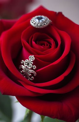 A beautifully detailed, vivid red rose with velvety petals, topped with an elegant silver ring that features intricate design work