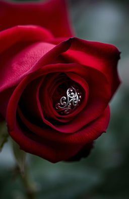 A beautifully detailed, vivid red rose with velvety petals, topped with an elegant silver ring that features intricate design work