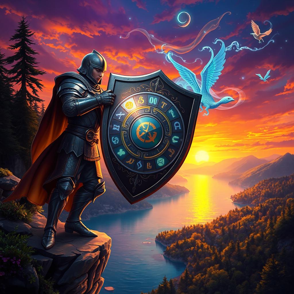 A vibrant and captivating fantasy scene inspired by 'As Crônicas do Escudo Mágico', featuring a magical shield glowing with mystical runes, surrounded by ethereal creatures and enchanted landscapes